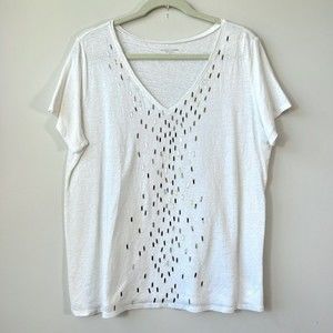Eileen Fisher 100% Linen White Top Size XL Short Sleeves Metal Details V Neck